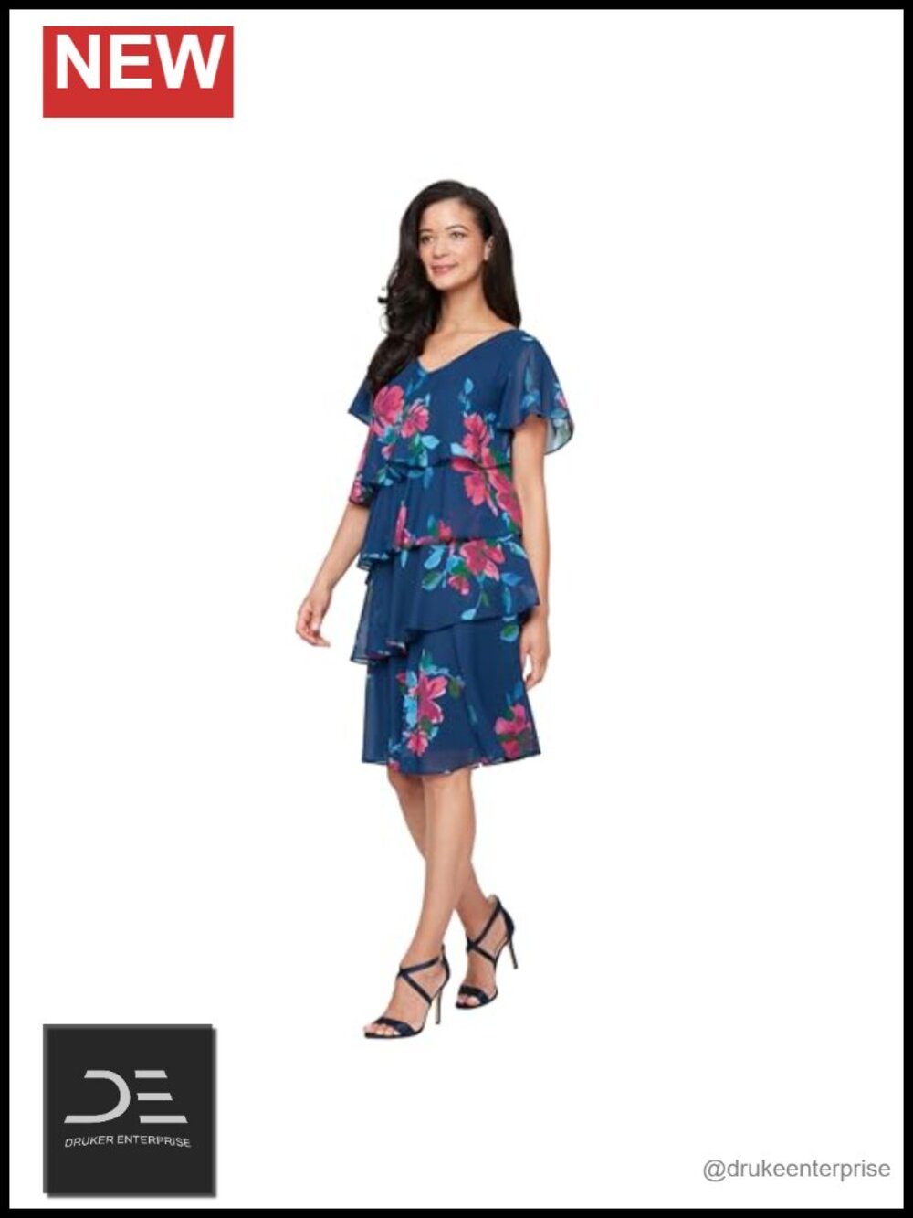 Womens Floral Tiered Chiffon Cocktail Wedding Guest Dress Capelet Sleeve